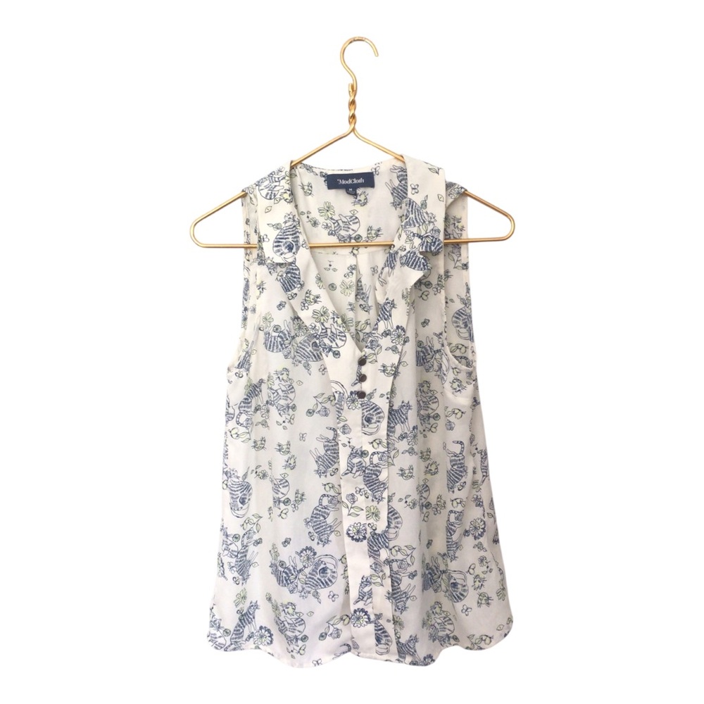 Modcloth Crazy Cat Lady Top Medium Blouse Kitten Cute Chic Novelty White Blue M